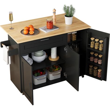 Grande table de cuisine mobile, plan de travail rabattable, porte-épices, porte-serviettes