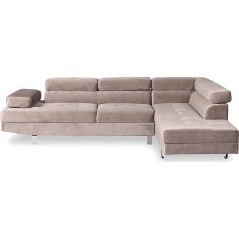 Cotecosy – Canapé d'angle velours taupe avec têtières relevables – 3 places – Méridienne gauche – Dimensions L260 x P163 x H72 cm (1/5)