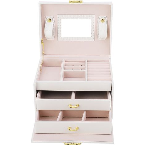 Coffret de rangement pour bijoux 3 niveaux en cuir PU avec miroir, boîte d'organisation blanche