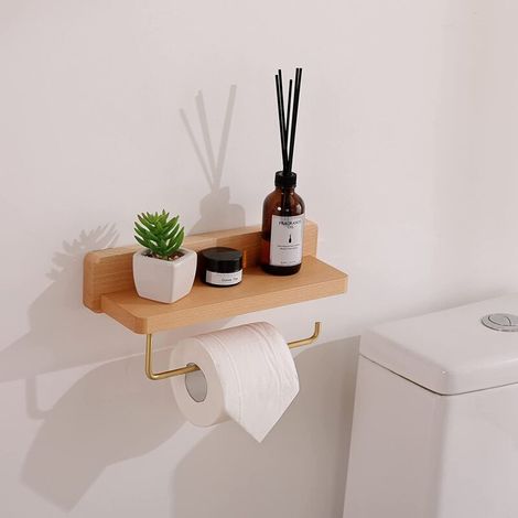 Porte‑papier toilette mural double bois hêtre – Installation adhésive ou vis – Coins arrondis – Design moderne WC (1/5)