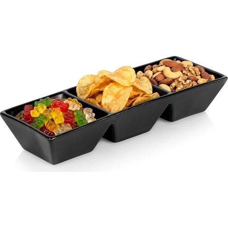 Ceramic Divided Snack Bowl, Black, 29 cm, Triple Section (1/5)