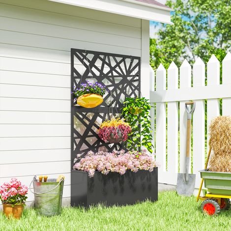 Jardinière avec treillis bac à fleurs avec brise-vue et roulettes verrouillables noir métal 90 x 30 x 160 cm style élégant (1/4)