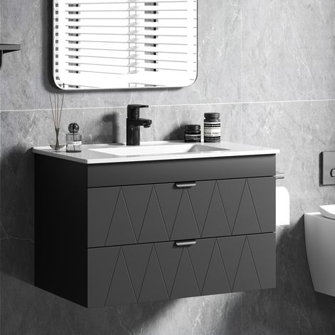 Meuble-lavabo mural avec vasque en céramique et tiroirs à fermeture amortie, noir.