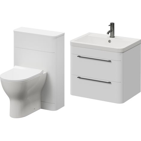 Oslo Gloss White 1150mm Wall Mounted Vanity Unit Toilet Suite with Anya Basin - 1150mm - Gunmetal Grey 320mm HandleWith Jubilee Toilet Pan and Seat