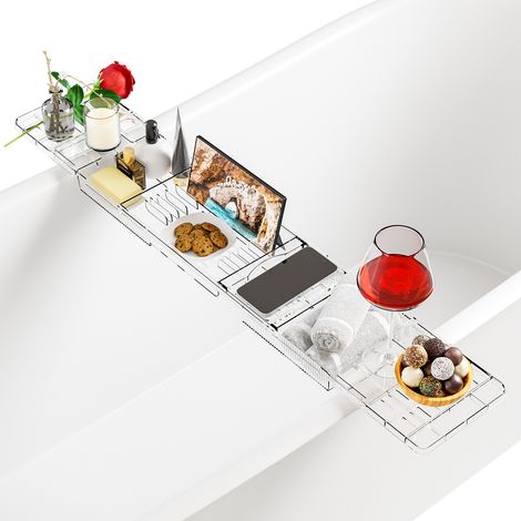 Tablette Bañera - Ajustable Ancho 50-90 cm - Soporte para Tablet iPad Teléfono Vaso - Acrylic Transparente - 1 Unidad (1/5)
