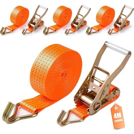 4 Jeux de Sangles à Cliquet 2000 kg - 4M×38MM, Sangle d’Arrimage, Sangles de Serrage avec Tendeur à Cliquet pour Remorque, Moto, Voiture (1/5)