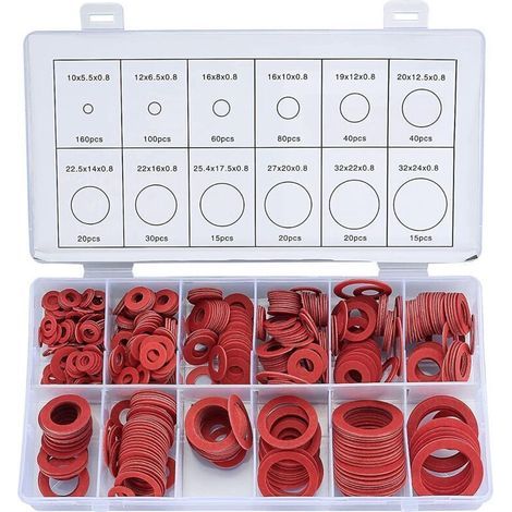 Kit Assortiment 600 Rondelles Fibre Joints Plats 12 Tailles Acier Rouge Papier (1/4)