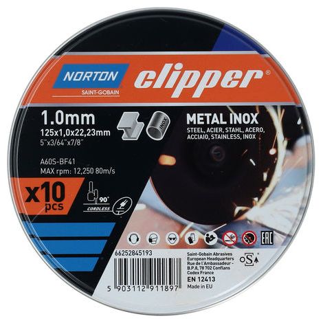 Disco de corte D125x1,0mm tipo 41 metal-inoxidable 12250 min-1 10 unidades (1/2)
