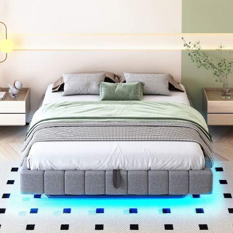 Lit coffre 160x200 cm avec LED, sommier à lattes, rangement hydraulique, cadre rembourré en lin gris, sans tête de lit ni matelas (1/5)