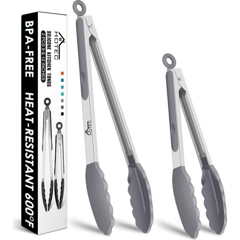 Pinces de cuisine, pince spaghetti, pinces de barbecue en acier inoxydable silicone, système de verrouillage intelligent, lot de 2 à 23 cm et 30,5 cm, gris clair (1/5)