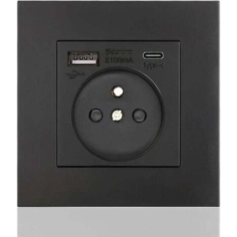 Type C + USB16A Type 86 socket panel, Number of sockets: 2 holes, Number of USB ports: 1, Number of Type C ports: 1, Safe and stable (black square) (1/4)