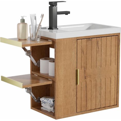 UEV Meuble Lavabo Mural, Meuble Lave-Mains Suspendu, Gain de Place, Rangement Intégré avec Placard, Deux Tablettes, Idéal pour Petites Salles de Bain et WC, 50x30x54cm, Naturel (1/5)