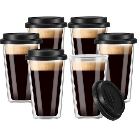Tasse En Verre Double Paroi - 350 Ml - Avec Couvercle En Silicone - Pour Café Chaud Ou Froid - Lot De 6 (1/5)