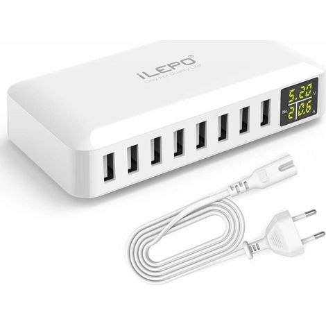 Cargador USB de 8 puertos 5V8A con pantalla LCD, estación de carga inteligente con múltiples enchufes USB compatible con iPhone XS XR SE, iPad, Samsung Galaxy, Redmi, teléfonos Android, etc. (1/5)