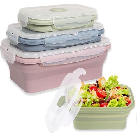 Set di 3 contenitori per il pranzo pieghevoli BOED con coperchi, contenitori per alimenti in silicone, contenitori pieghevoli per campeggio, picnic e cucina (1/5)