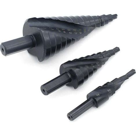 Foret étagé nitruré cannelé en spirale en acier à grande vitesse Ensemble de trois pièces pour foret étagé noir nitruré (1/5)