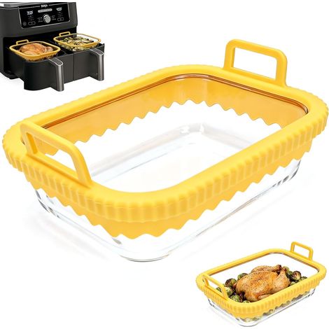 Plat à rôtir pour friteuse à air chaud à 2 compartiments, récipient en verre avec anneau en silicone amovible, sans BPA, passe au lave-vaisselle (1/5)