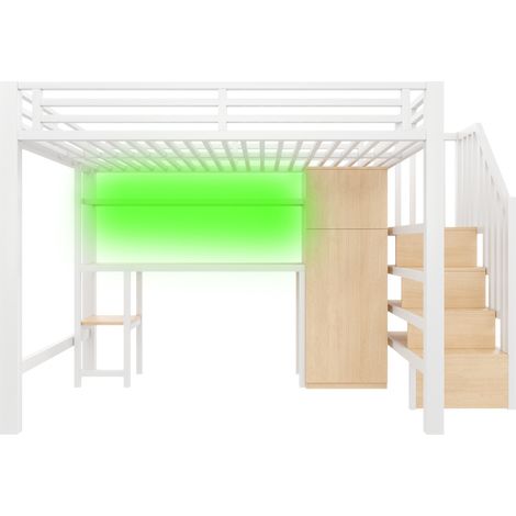 Cama alta metálica 140 x 200 con escritorio, estantería, armario y escalera, blanco (1/5)