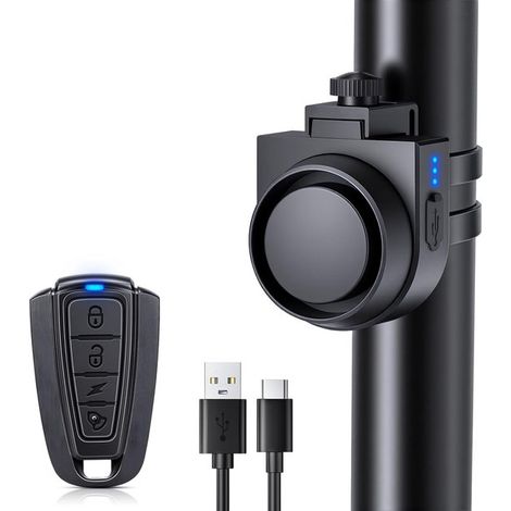Alarme vélo avec télécommande - Alarme vélo sans fil rechargeable USB-C - Compatible vélos électriques, motos, scooters et voitures - Étanchéité IPX5 - Noir