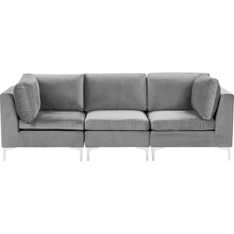 Canapé Modulable 3 Places en Velours Gris avec Pieds Argentés Look Tendance et Matières de Qualité pour Salon Moderne et Glamour Beliani (1/5)