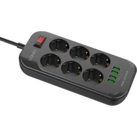 Multiprise Electrique avec 4 Ports USB et 6 Prises, Noir