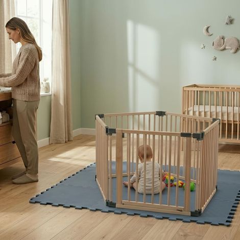 Safetots Wooden Play Den Pentagon 5 x 80cm, Natural Wood, 76cm High, with Soft Foam Play Mat, Dusty Blue, 150cm x 150cm