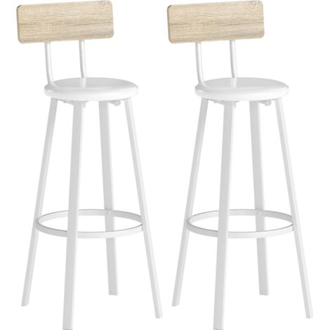 Set de 2 taburetes de bar con respaldo y reposapiés, 75,5 cm, blanco/natural (1/5)
