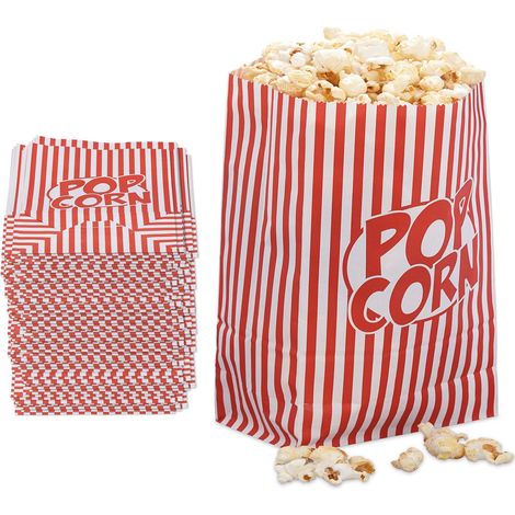 Bolsas Palomitas, Set de 48, a Rayas, Noche Cine, Cumpleaños Infantil, Papel, Bolsitas Retro Popcorn, Rojo/Blanco (1/5)
