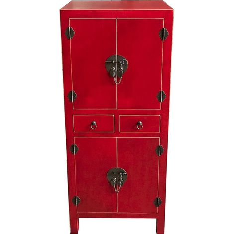 Armoire art déco rouge métal avec portes et tiroirs élégants - Rouge intense finition métal noir