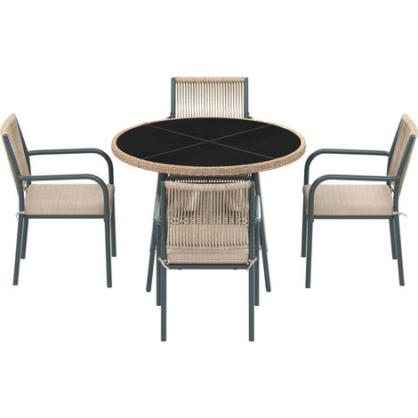 ELVMI Salon de Jardin avec 1 Table Ronde et 4 Fauteuils, Coussins Inclus, Fer, Verre Trempé et Polyester, Gris (1/4)