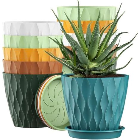 Lot de 12 pots de fleurs, en plastique, 10 cm, avec soucoupe et trous de drainage, motif gaufré, durables et faciles d'entretien, pour l'intérieur et les jardins de balcon, multicolores (1/5)