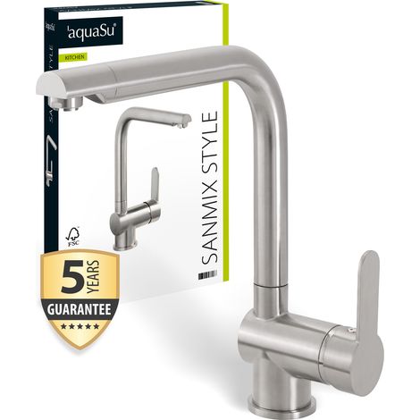 'aquaSu® Niederdruck Spültischarmatur Sanmix Style, für Boiler oder Warmwasseranschluss, hoher Auslauf, Keramikkartusche, leichte Schaftbefestigung, Messingkern, Edelstahl, 797818 (1/4)