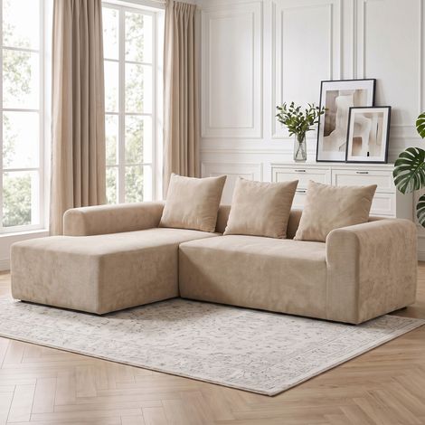 Canapé d'angle avec méridienne, canapé nuage sans cadre en forme de L, revêtement chenille, assise profonde, ressorts ensachés, beige (1/5)