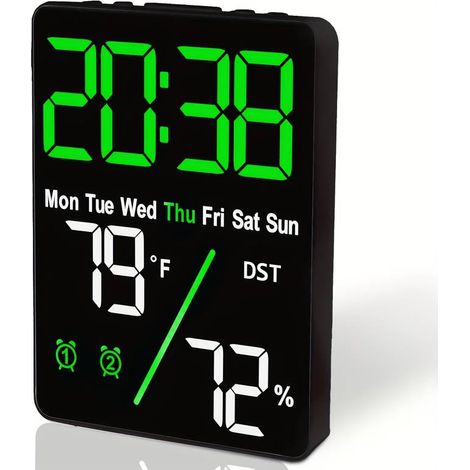 Termómetro e higrómetro digital de sobremesa con despertador. Características: Pantalla LED con brillo ajustable, alimentación USB. (1/5)