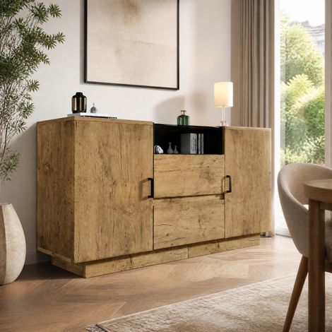 CHICFURN Credenza cassettiera 140x40x70 cm effetto rovere, 2 cassetti, 2 ante, vano aperto (1/5)