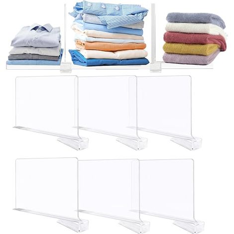 6 Pièces Separateur Etagere Acrylique,Transparent Séparateurs d'étagère pour Armoire Chambre Cuisine, Organisateur de Placard, Rangement Placard Vetement pour Sac à Main Serviettes Livres