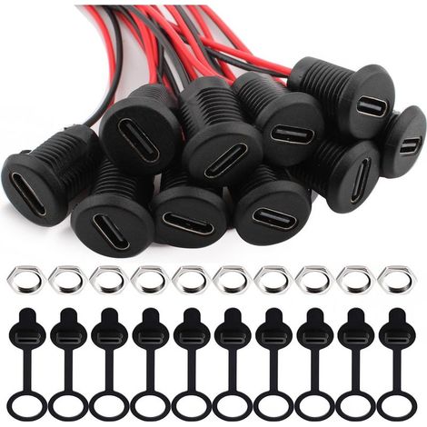 10Pièces connecteur USB C a souder prise femelle,Ronde USB C 2 Fils femelle connecteur panneau,150mm 24 AWG, avec Cache-poussière et Écrous, Noir avec fonction PD (1/5)
