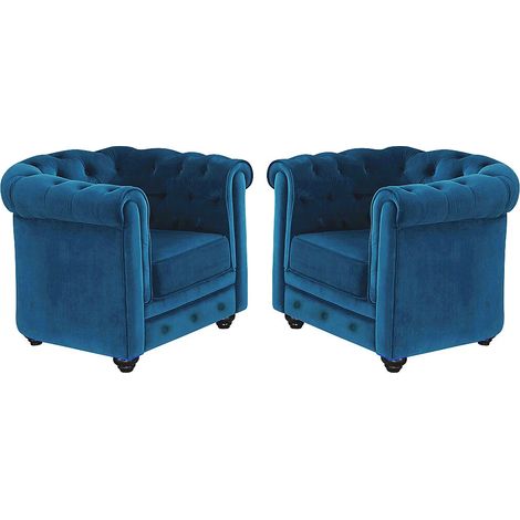 Vente-Unique – Lot de 2 fauteuils club Chesterfield – Velours bleu canard 100% polyester – Assise déhoussable – Confort équilibré – Finition capitonnée (1/3)