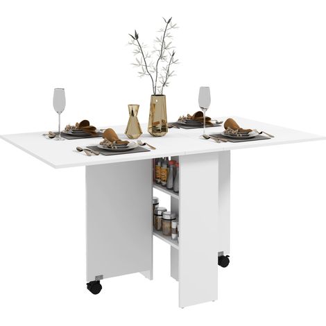 Table pliante 2 vantaux 6 personnes avec étagères roues blanc (1/5)