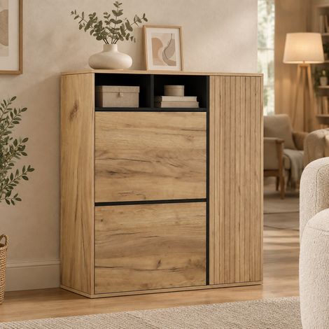 Mobile portascarpe 90x24x94 cm in MDF nero e naturale, 2 ante a ribalta salvaspazio – MEUBLIV (1/5)