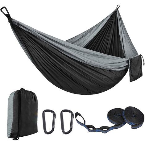 Outdoor-Hängematte, 300 x 200 cm, Reisehängematte für 2 Personen, 300 kg schwere Camping-Hängematte aus Fallschirmseide mit 2 Nylongurten + 2 starken Stahlschnallen, Wanderhängematte (Grau mit Schwarz
