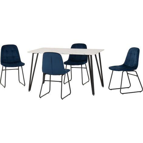 Marlow & Lukas Indoor Dining Set with 4 Chairs - White Marble/Sapphire Blue Velvet