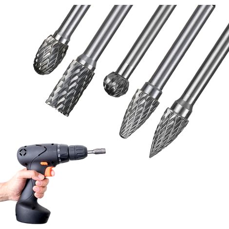 Juego de 5 fresas de carburo XL de 6 mm con base de madera, brocas de amoladora, desengrasante rotativo, lima raspadora para soldaduras de metal, hormigón, piedra, madera, plástico, tallado, corte, li