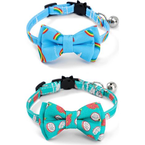 Collier pour chat avec clochette et nœud papillon pour petits chiens et chatons, motif arc-en-ciel et fruit du dragon (1/4)