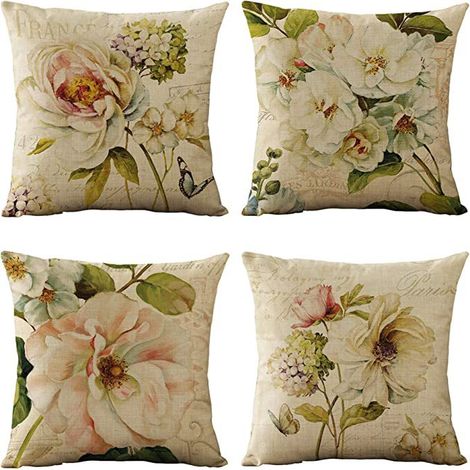 Housse de Coussin Extérieur Imperméable, Lot de 4, Motif Fleurs Vintage pour Jardin, Patio, Canapé, 45x45 cm