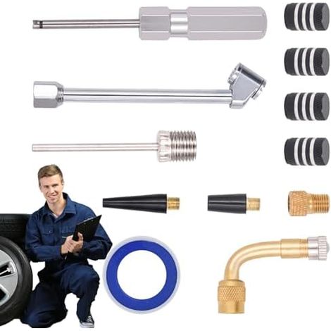 Outil pour enlever le noyau de valve, outil la tige valve pneu - Kit d'outils remplacement rapide 12 pièces, outils réparation pneus, poignée (1/5)