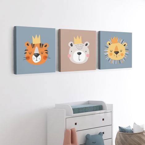 Lot de 3 Tableaux sur toile Triptyque Enfants - Animaux Rois - Lot de 3 tableaux sur toile 20x20 cm (1/3)
