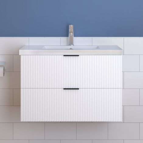 Badmöbel Schubladen Unterschrank Waschtisch mit Kunststein Waschbecken Weiß 80cm