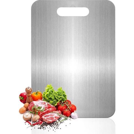 Planche à découper double face en acier inoxydable 304, sans BPA, adaptée à la découpe de viande, de pain, de légumes et de fruits, 39 x 28 cm. (1/5)