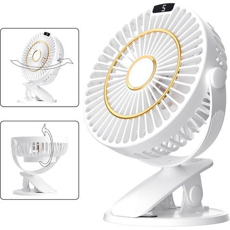 Mini ventilatore da scrivania con clip, 5 velocità, piccolo ventilatore da tavolo portatile e silenzioso con batteria, rotazione a 720°, ricaricabile e con display LCD (1/5)